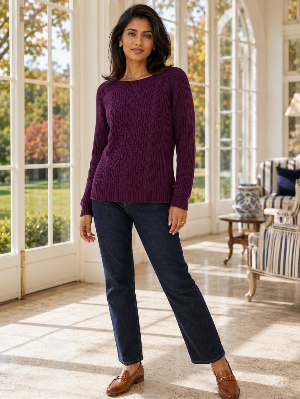 Tommy Hilfiger Cate Cable Knit Boat Neck Sweater Aubergine L NWT